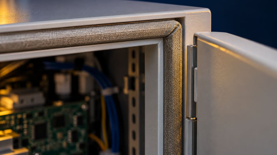 Joint de blindage en mousse à revêtement conducteur collé sur le cadre d’un coffret électronique