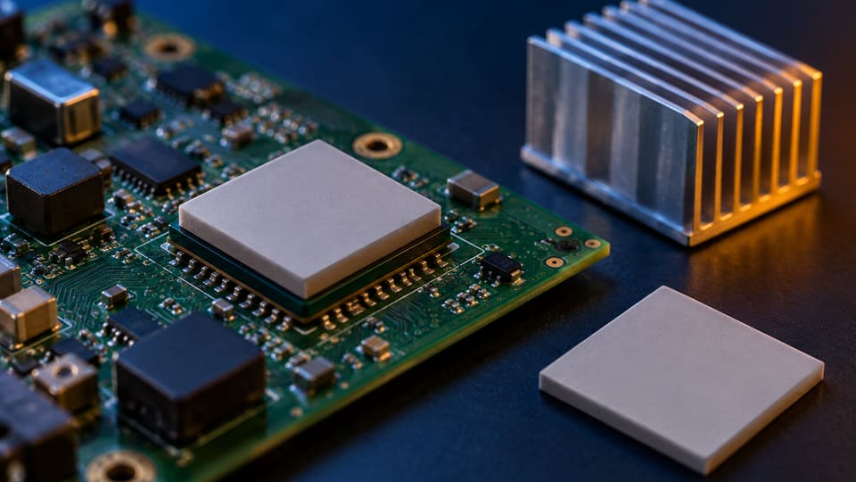 Pad thermique en silicone posé sur un composant, à côté de son dissipateur